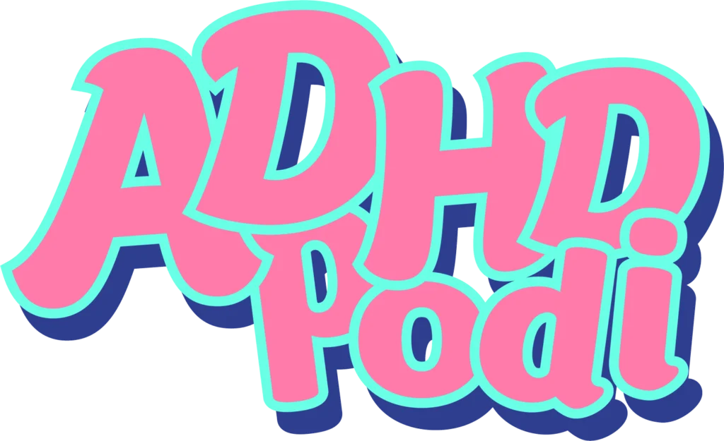 ADHD-podin värikäs logo, jossa teksti on sijoitettu kahdelle riville.